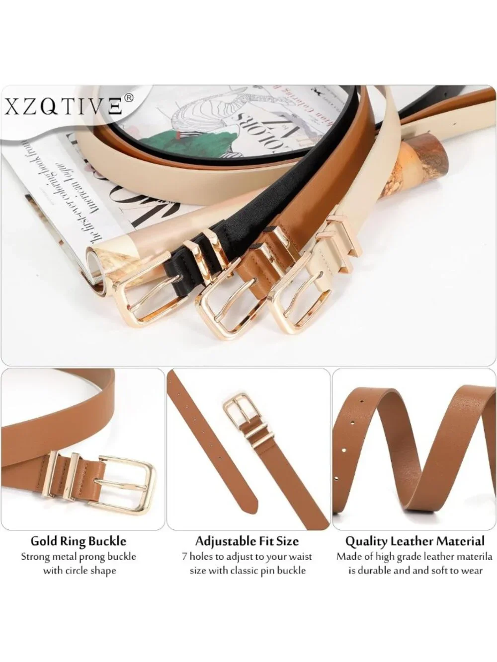 3 Pack Women's Leather Belts for Jeans & Dresses - Stylish Gold Buckle Waist